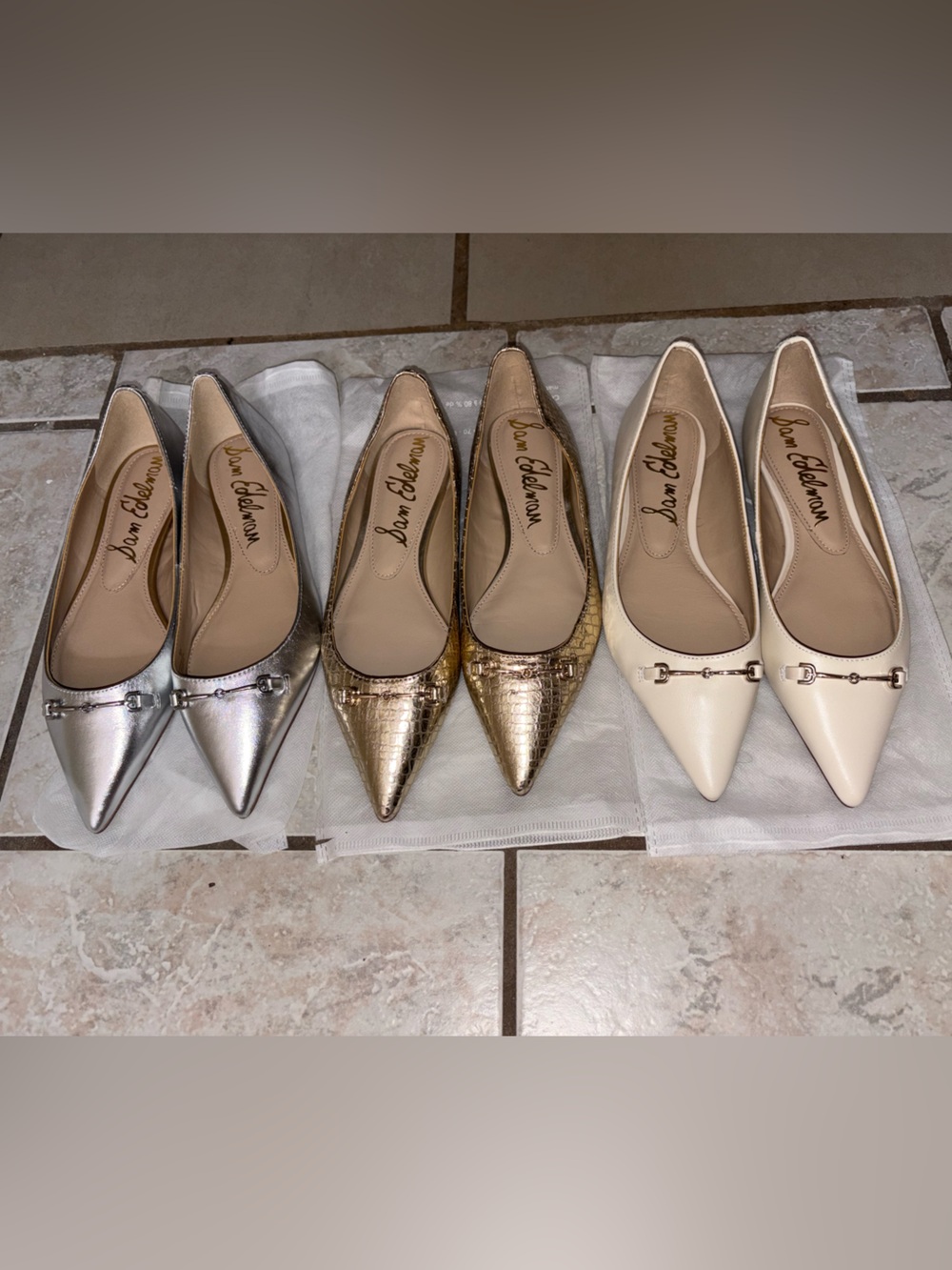 Sam Edelman Pointed Toe Flats in Silver, Gold, Cream